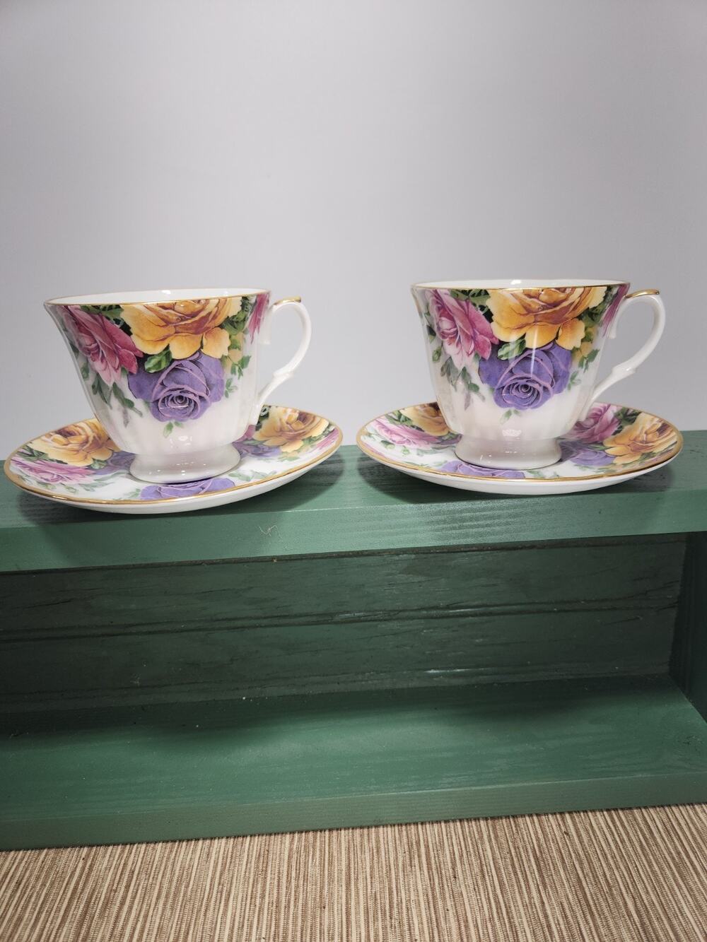 Vintage Crown Trent Bone China Teacups Saucers Set of 2 Floral Roses England